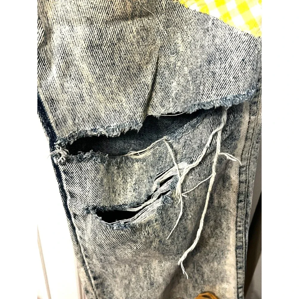 Vtg Handmade Scarecrow Costume Adult M/L Halloween USA Denim Patchwork Straw Hat